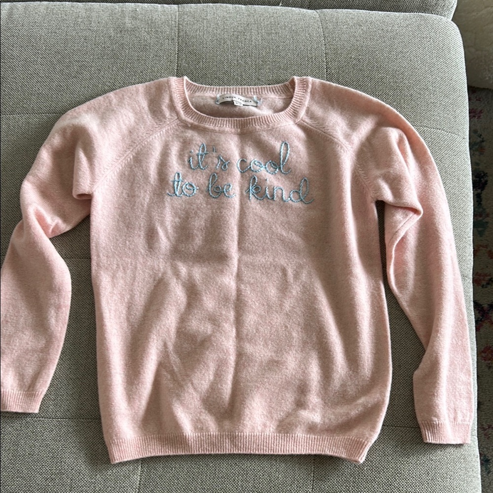 Lingua Franca Cashmere Sweater with Embroidered “It’s Cool to be Kind”
